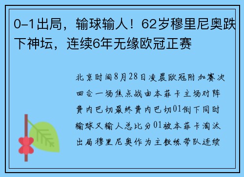 0-1出局，输球输人！62岁穆里尼奥跌下神坛，连续6年无缘欧冠正赛